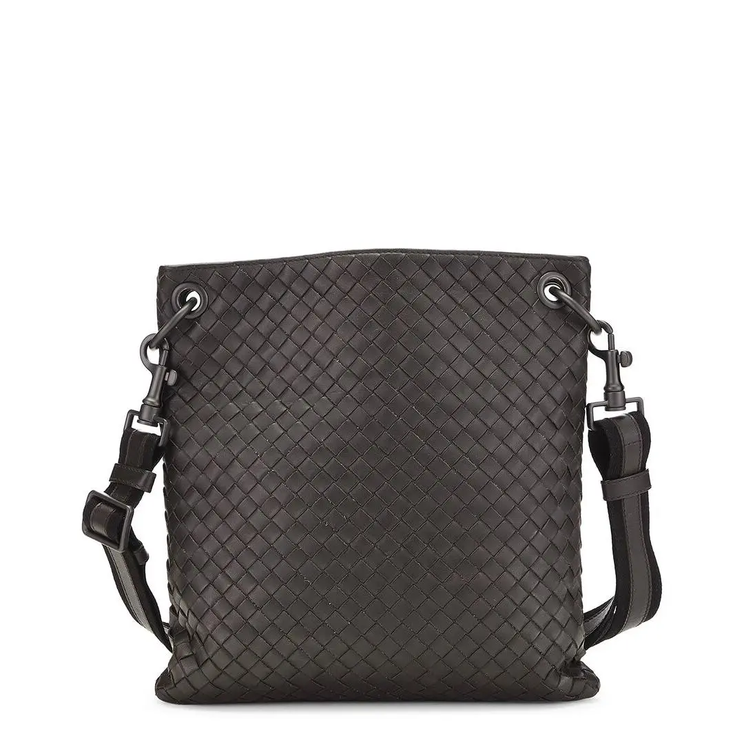 Brown Intrecciato Leather Flat Messenger Bag by Bottega Veneta