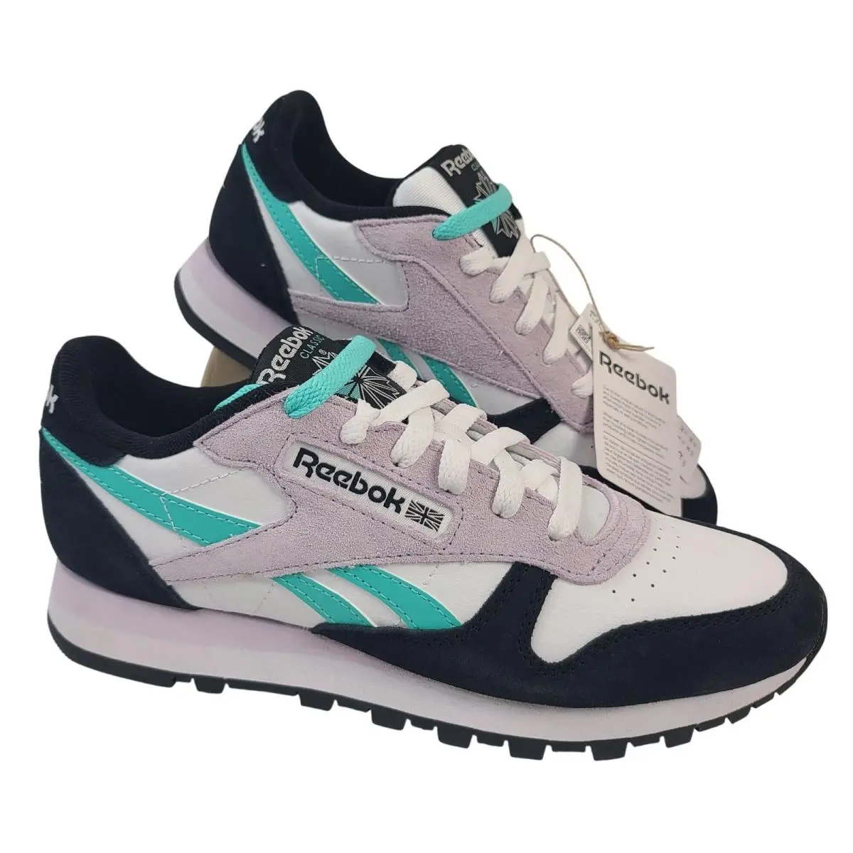 Reebok Classic Leather Women`s Running Shoes White Aqua Black Size 7.5