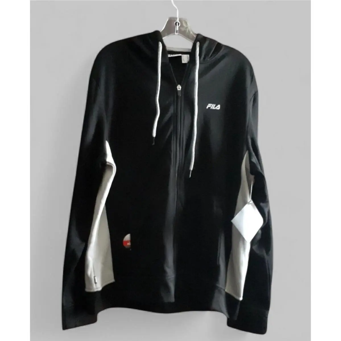 Mens Fila Jacket Sports Jersey Zip Front Color Block Black Gray Hooded L Workout
