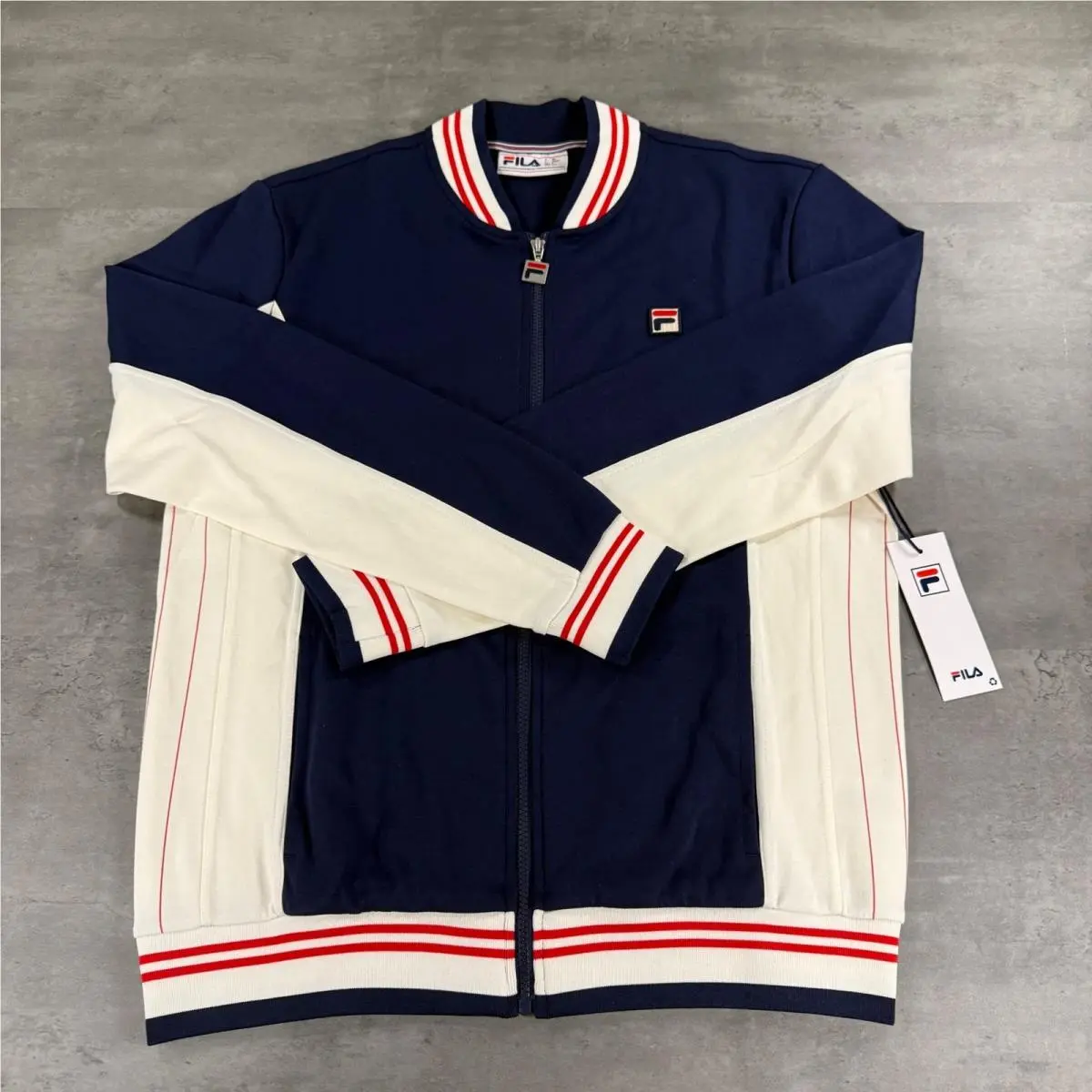 Fila Track Jacket Mens Large Settanta Baseball Cream Navy Red Stripe