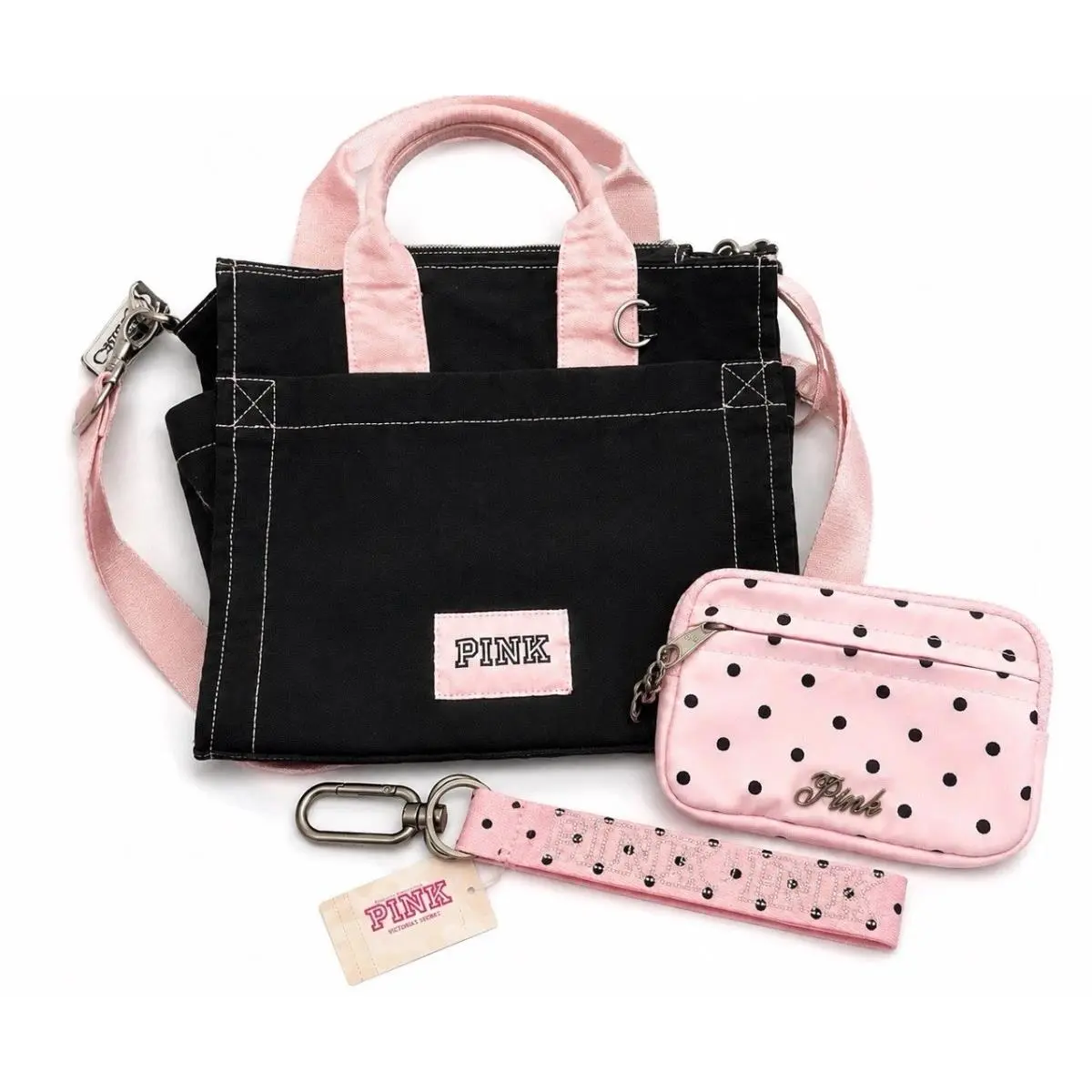 Victoria`s Secret Pink Mini Crossbody Canvas Bag Tote /wallet/keychain Polka Set by Victoria's Secret