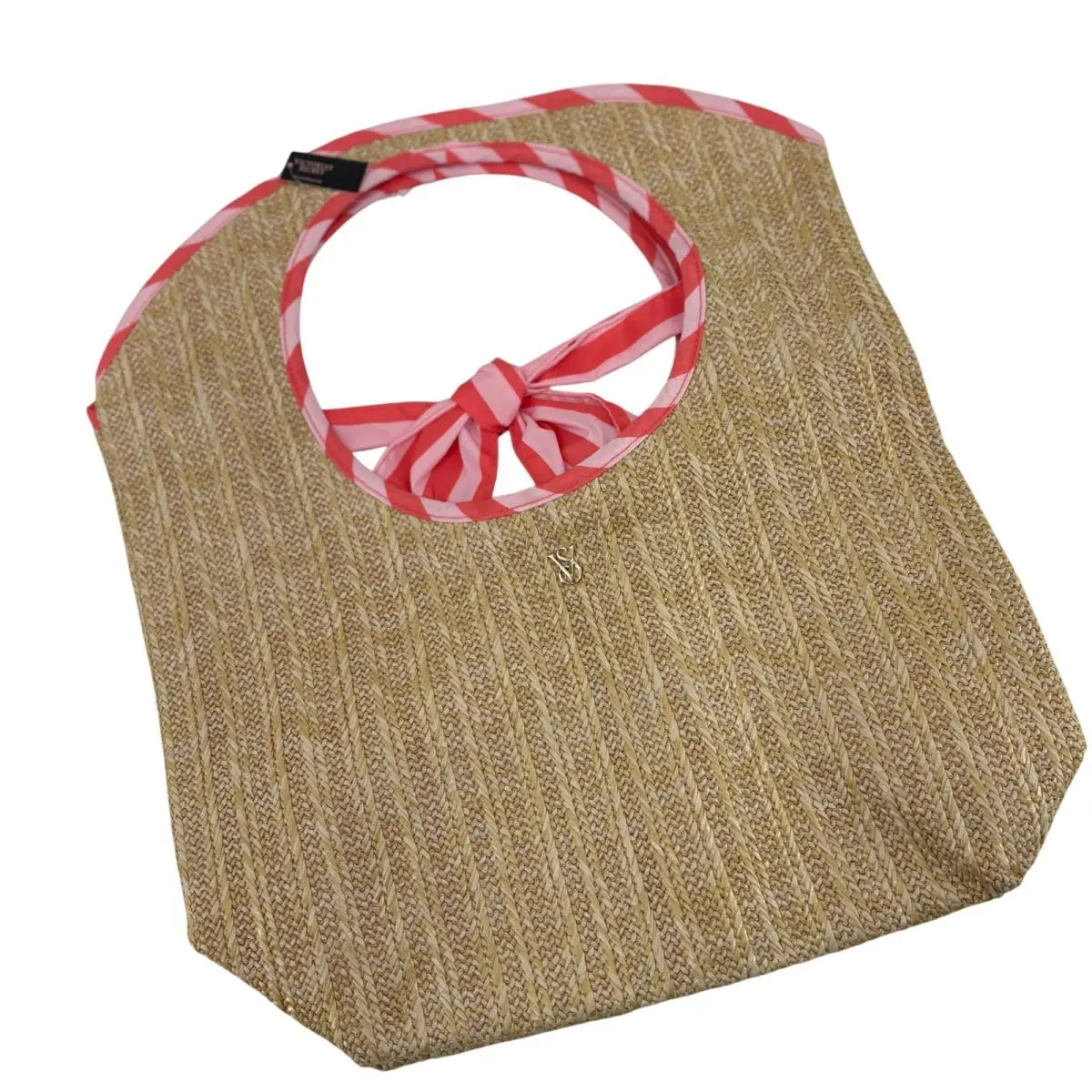 Victoria Secret Straw Tote Bag OS Tan Pink Striped Bow Accent Beach Bag by Victoria's Secret