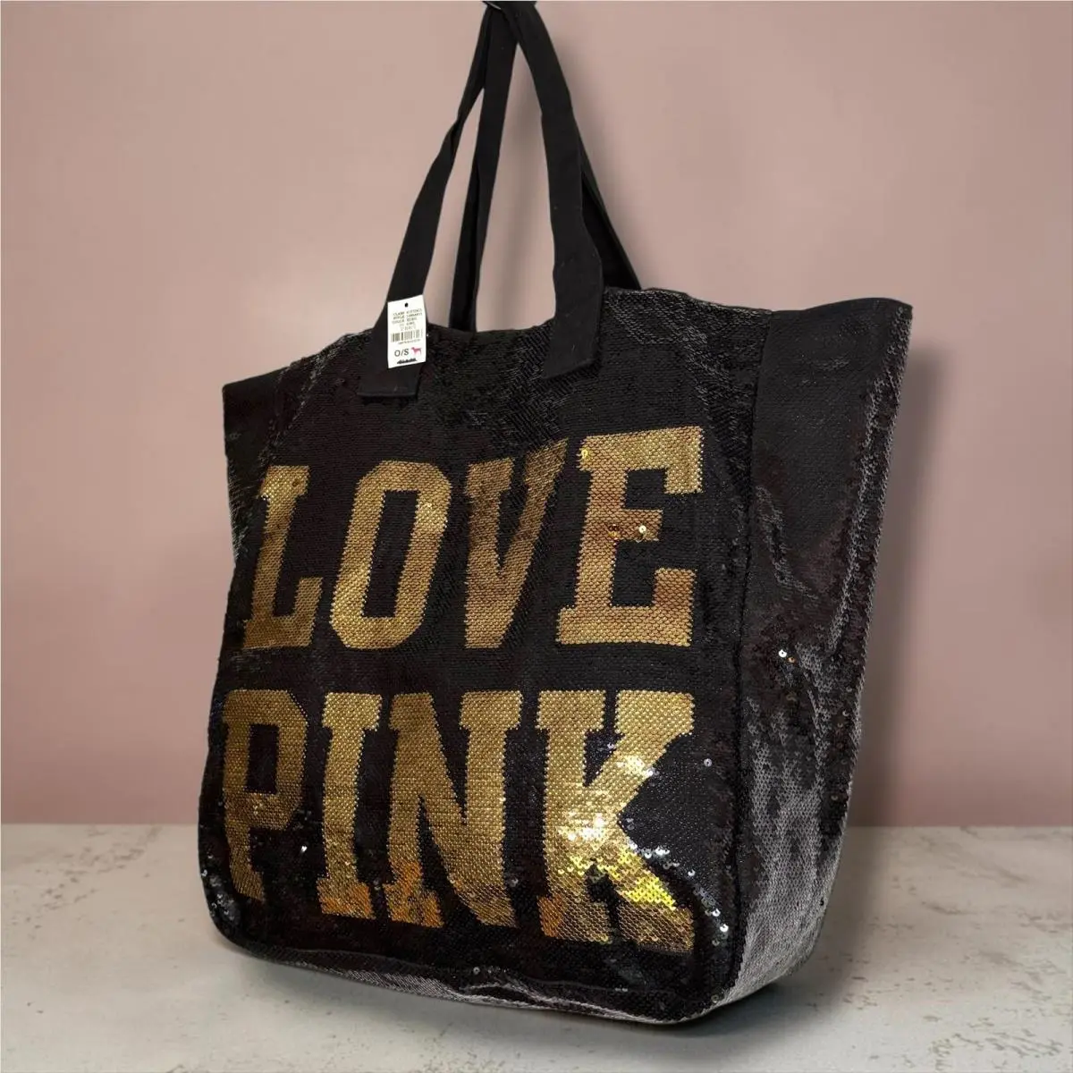 Victoria`s Secret Pink Y2K Sequin Tote Bag Black Gold Love Pink Logo by Victoria's Secret