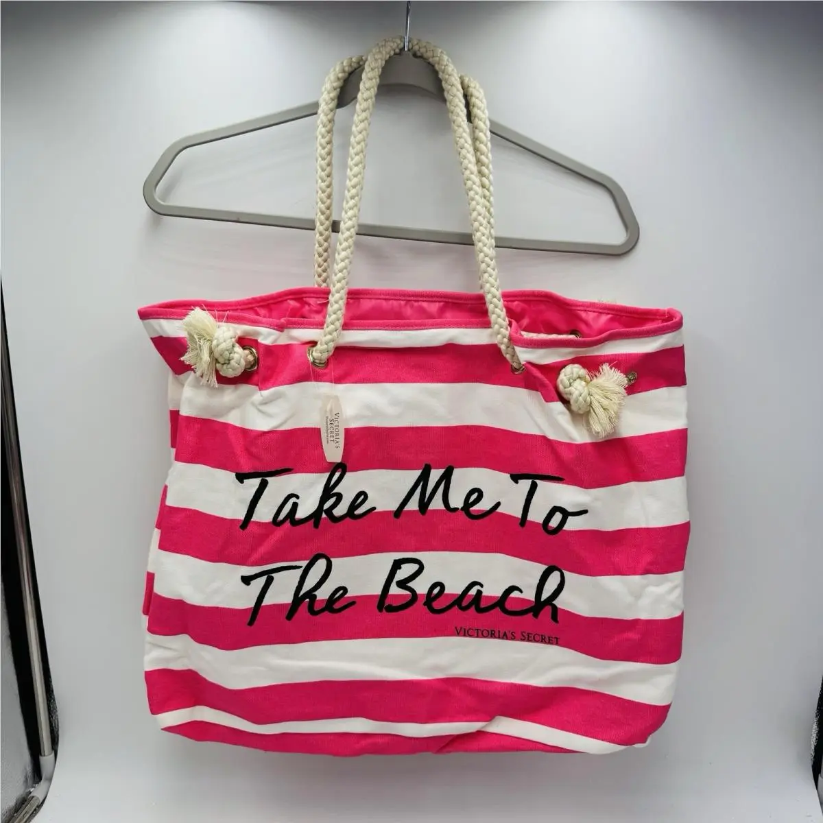 Victoria Secret’s Take Me To The Beach Canvas Striped Tote Bag Pink White by Victoria's Secret