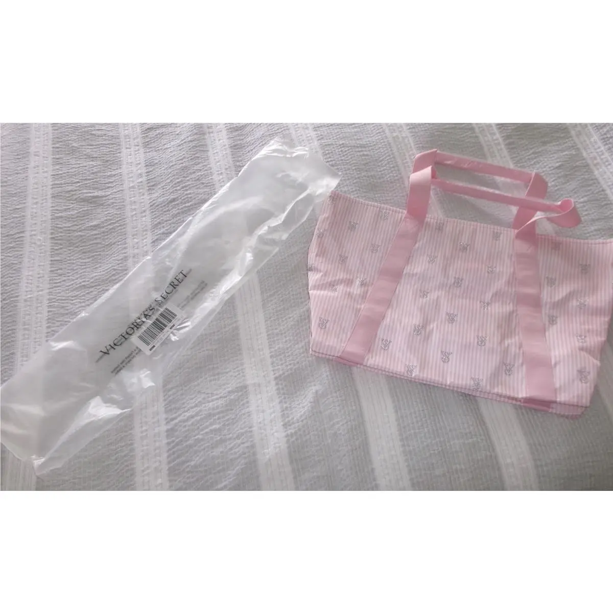 Large 21 x 14 Pink White Stripe Victoria`s Secret Rhinestone Tote Bag by Victoria's Secret