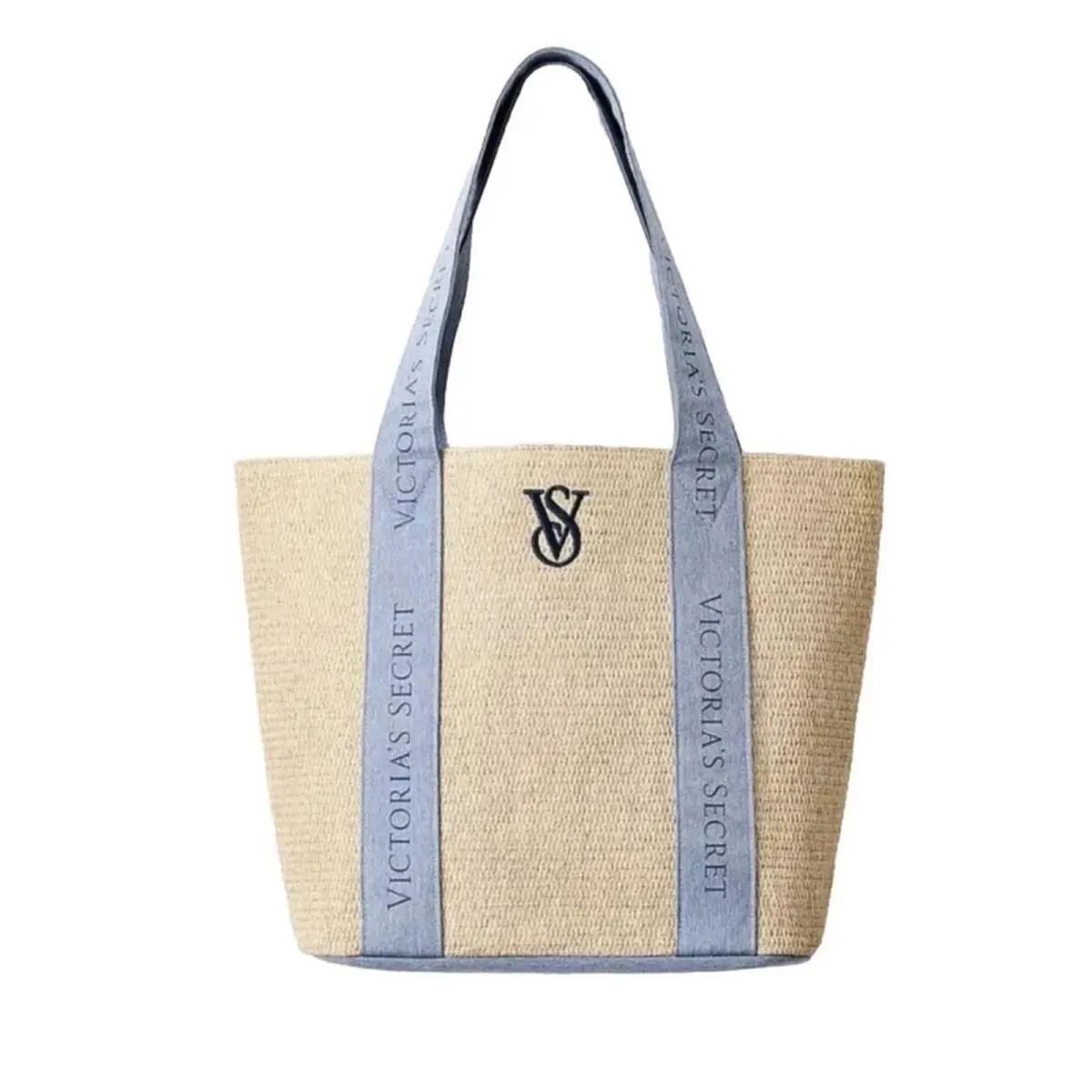 Victoria`s Secret VS Logo Beige Blue Straw Nautical Beach Summer Tote