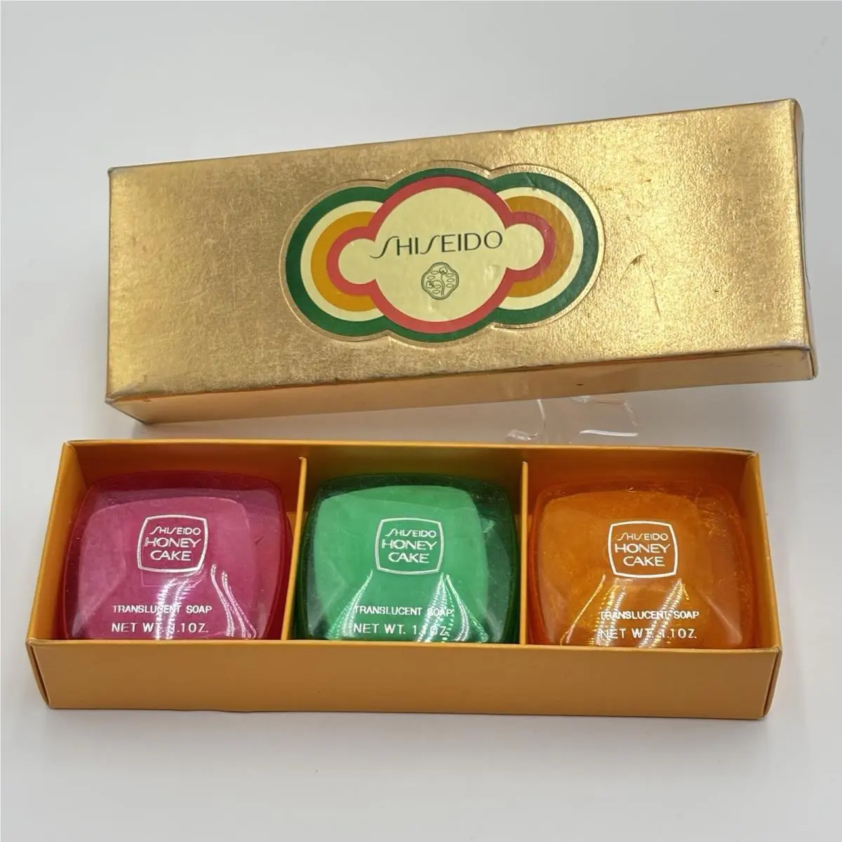 Vintage Shiseido Honey Cake Translucent Soap Japan Set Ruby Pink Green Gold Box