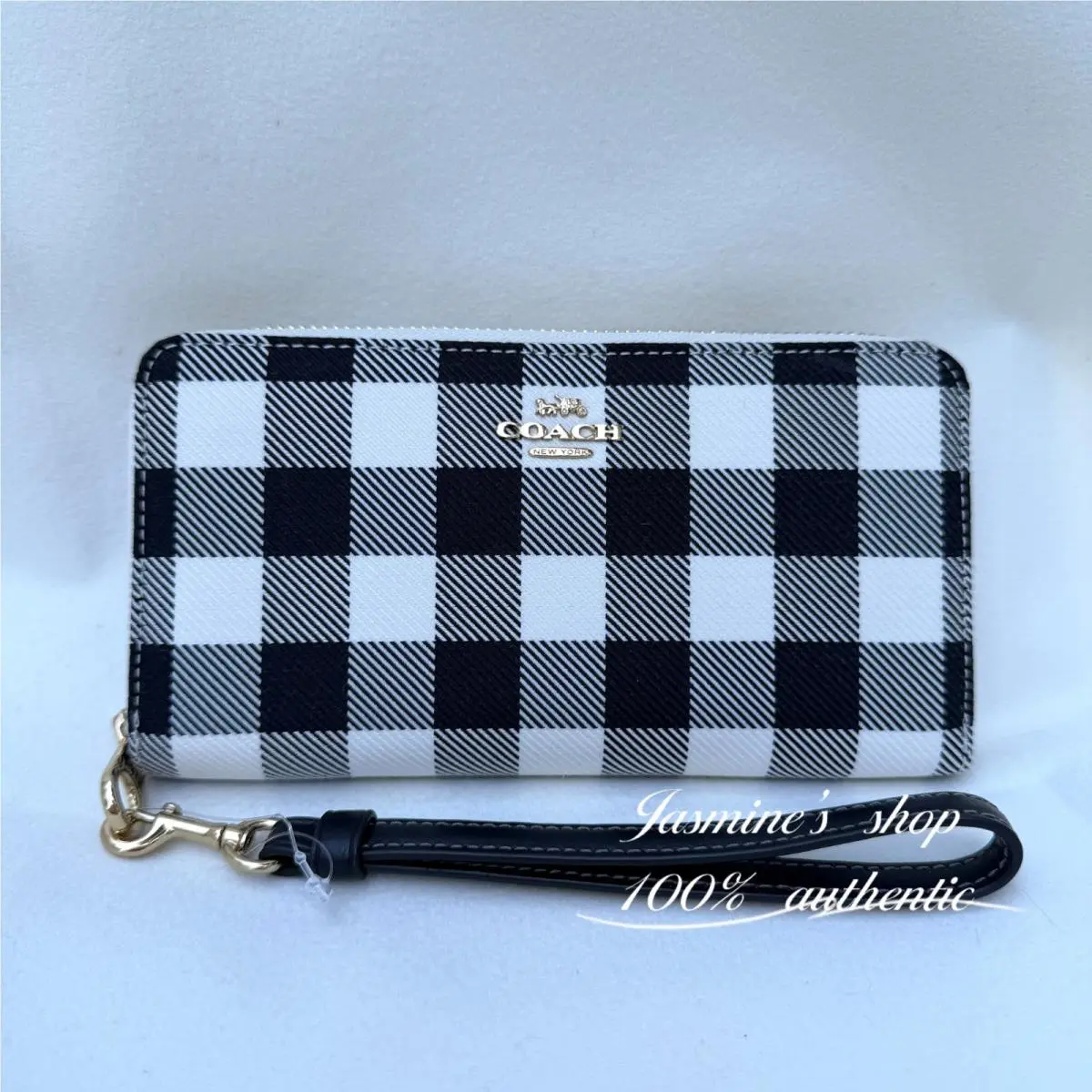Long Zip Around Wallet with Gingham Print CFA13 Blue/black Multi CFA13/black multi by Coach