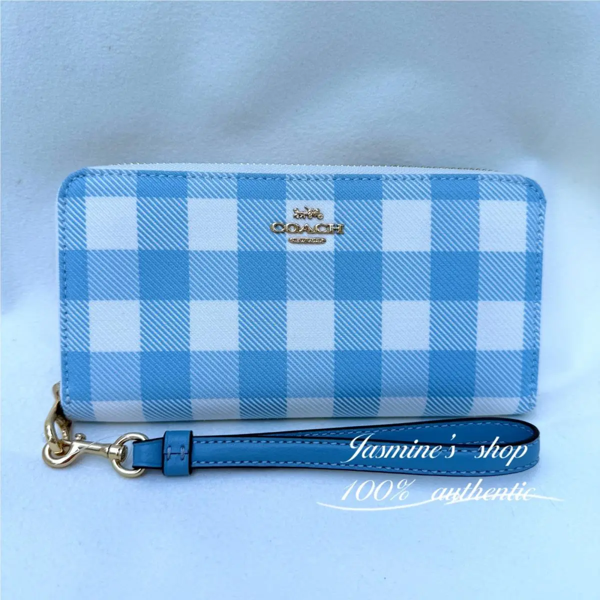 Coach Long Zip Around Wallet with Gingham Print CFA13 Blue/black Multi