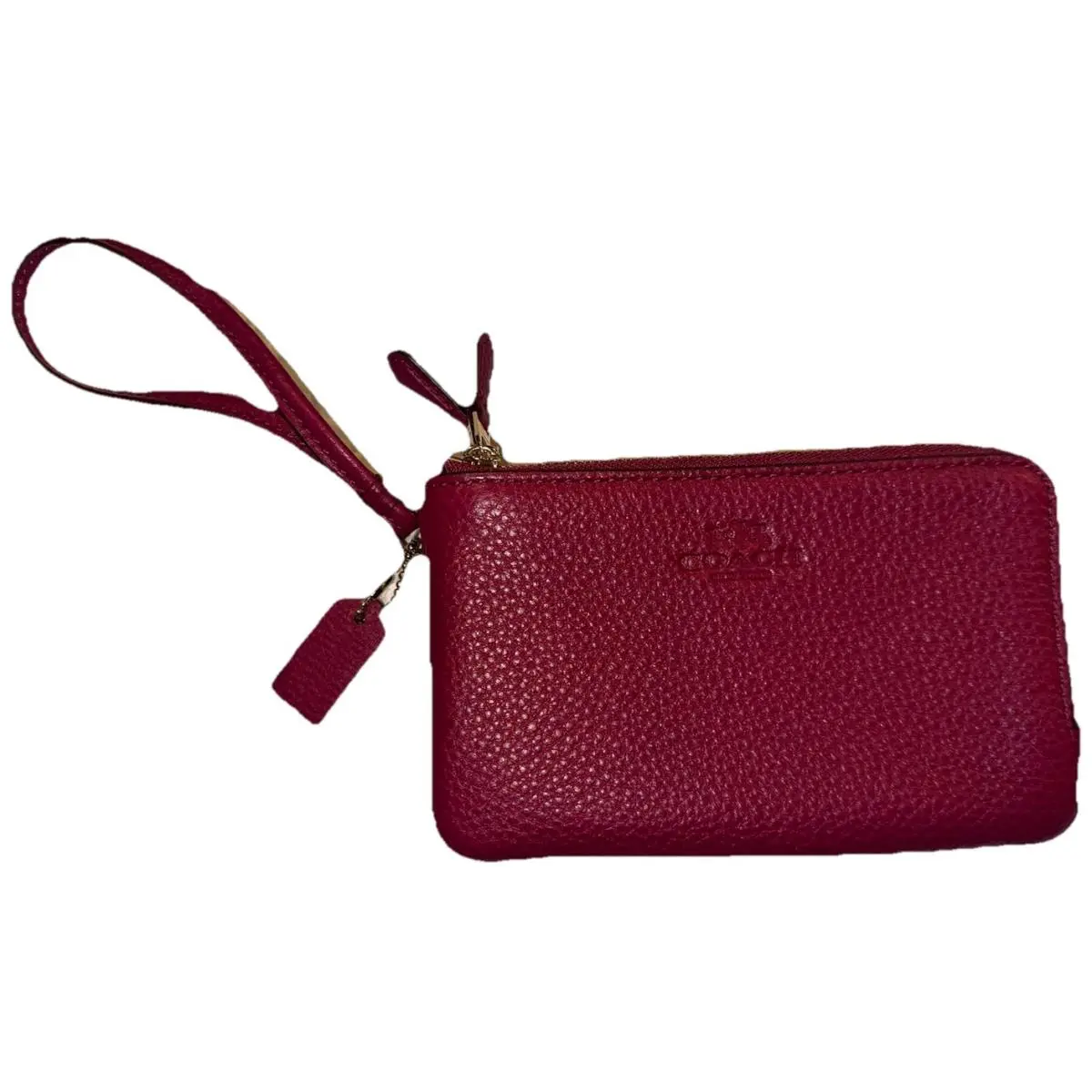 Coach F66505 Double Corner Zip Pebbled Leather Wristlet Fuchsia w Tags