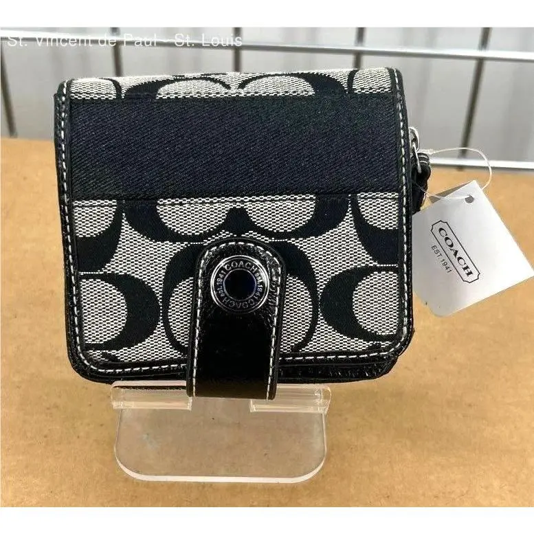NWT$148 Coach Signature C Mono Slim Med Wallet Black Snap Coin Zip