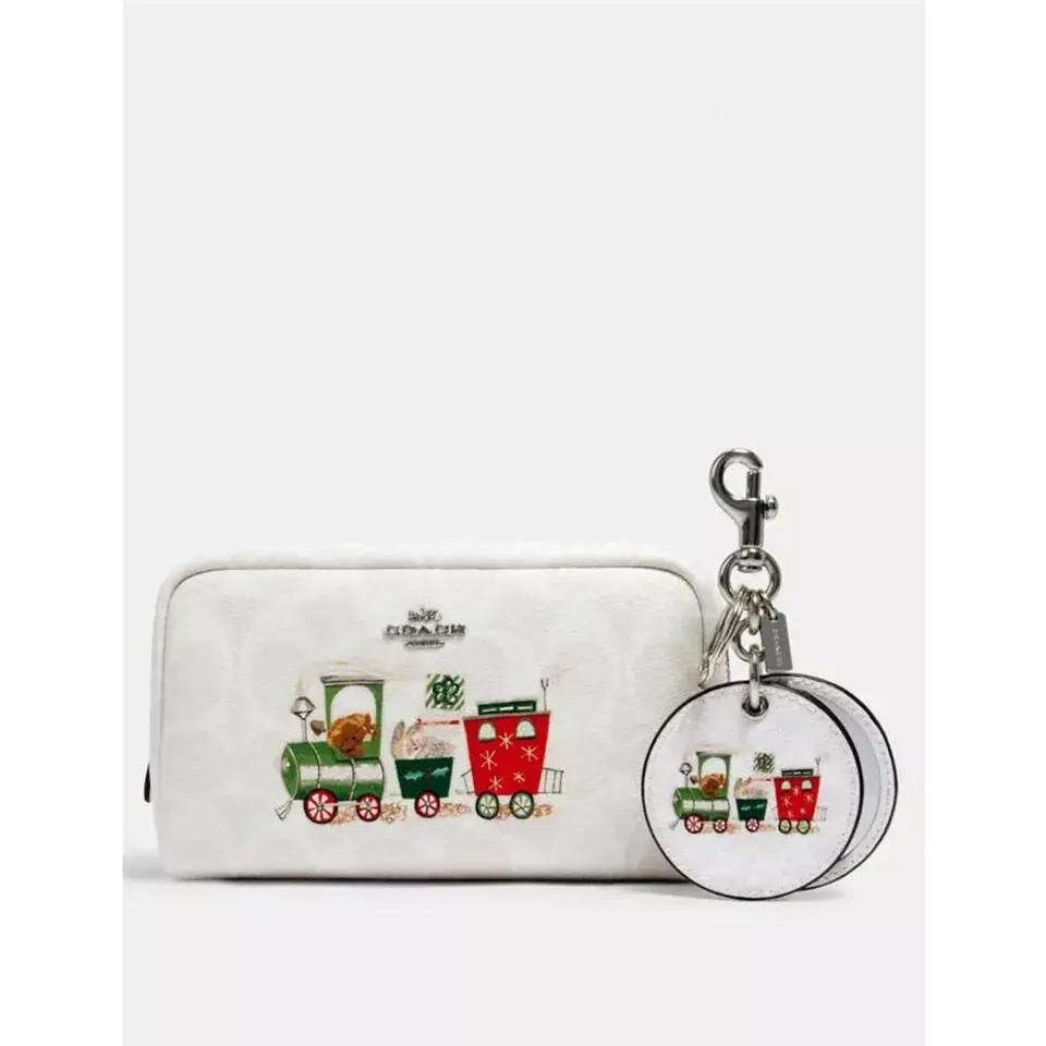 Coach Boxed Small Boxy Cosmetic Case Mirror Bag Charm Canvas with Train Authenti