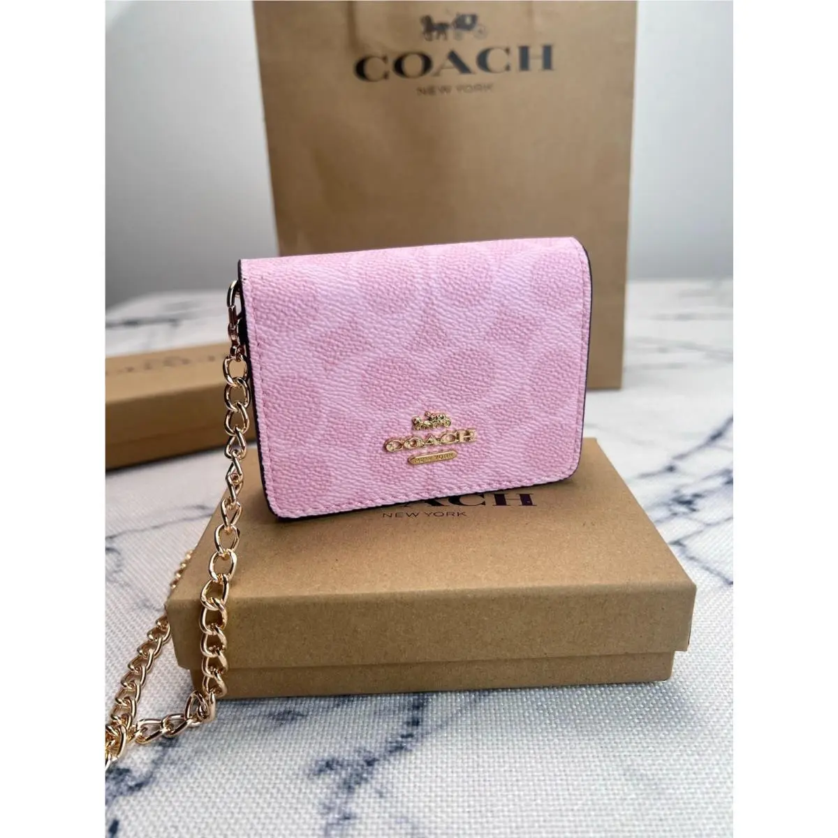 Coach Mini Wallet On A Chain Signature Canvas with Charms CEF59 Powder Pink