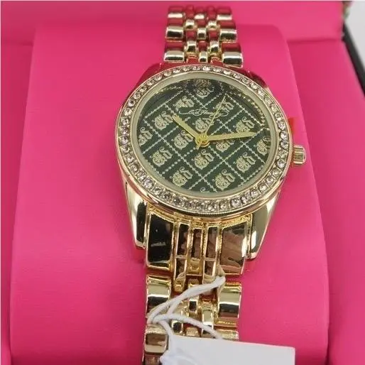 Ed Hardy Womens Gold Tone Crystal Bezel Green Monogram Dial Watch