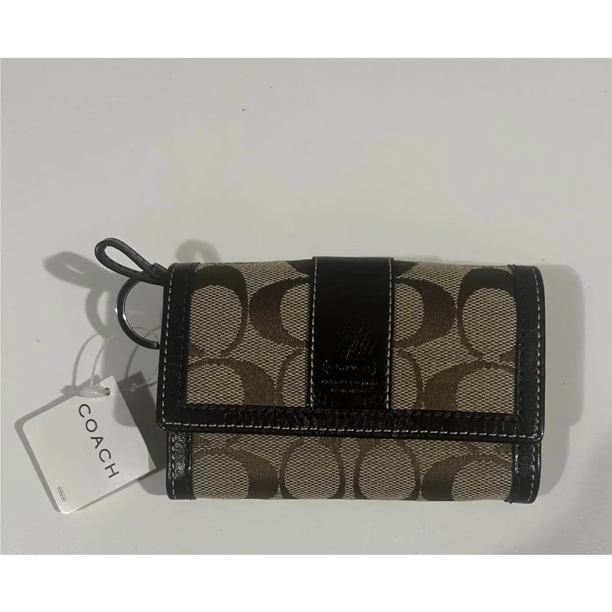 Coach Hampton Signature Leather Trim Keychain Wallet Khaki/chestnut