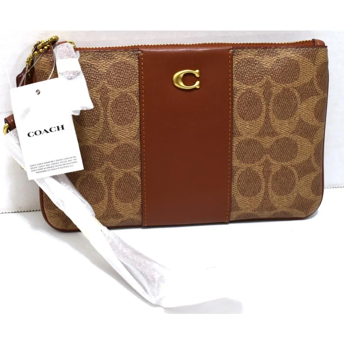 Women`s Color-block Coated Canvas Signature Small Wristlet Tan Rust CI189 by Coach