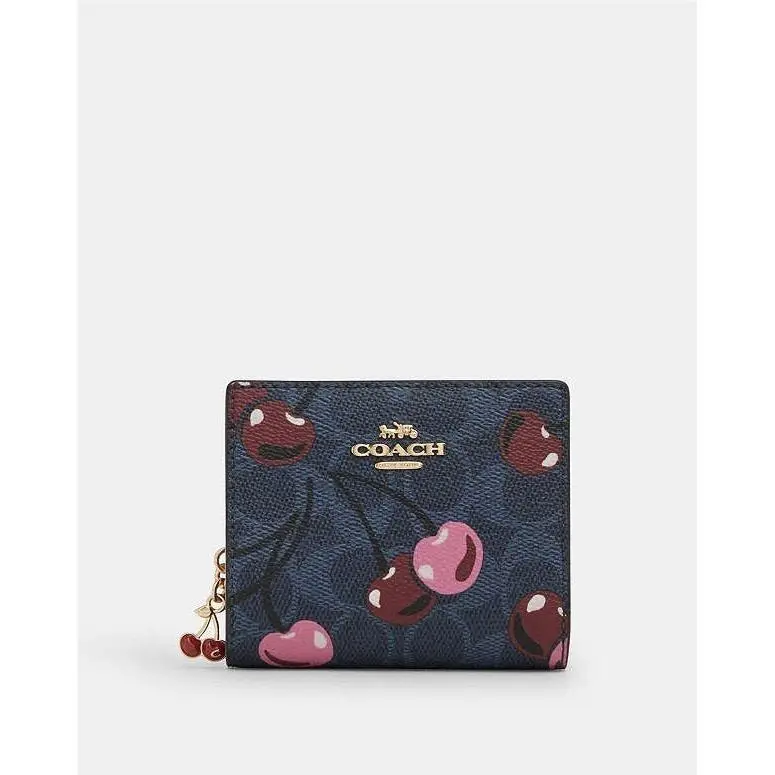 Coach Snap Wallet - CZ347 Denim Blue Signature Canvas W/pink Cherry Print
