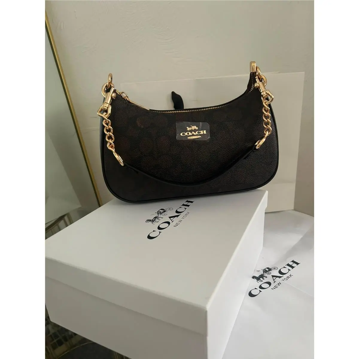 Coach Teri Shoulder Bag In Signature Canvas/gold/brown For Gift