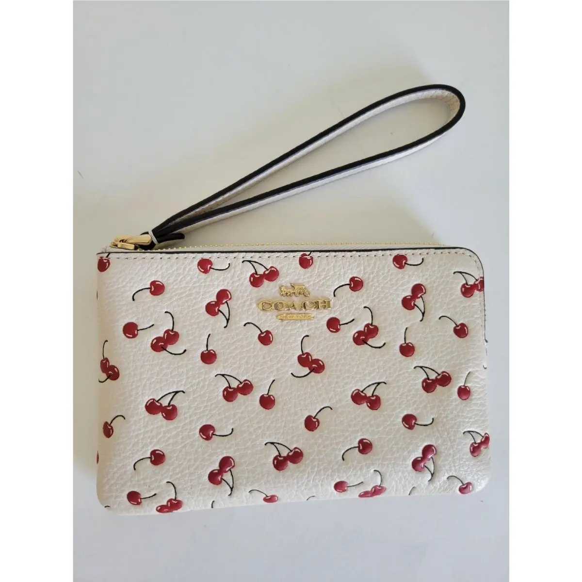 Coach Cherry Print Corner Zip Wristlet in Caulk Pebbled Leather Wristlet Wallet