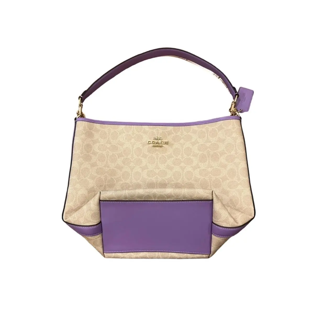Coach Lexy Shoulder Bag Signature Canvas Light Khaki Purple Hobo Purse