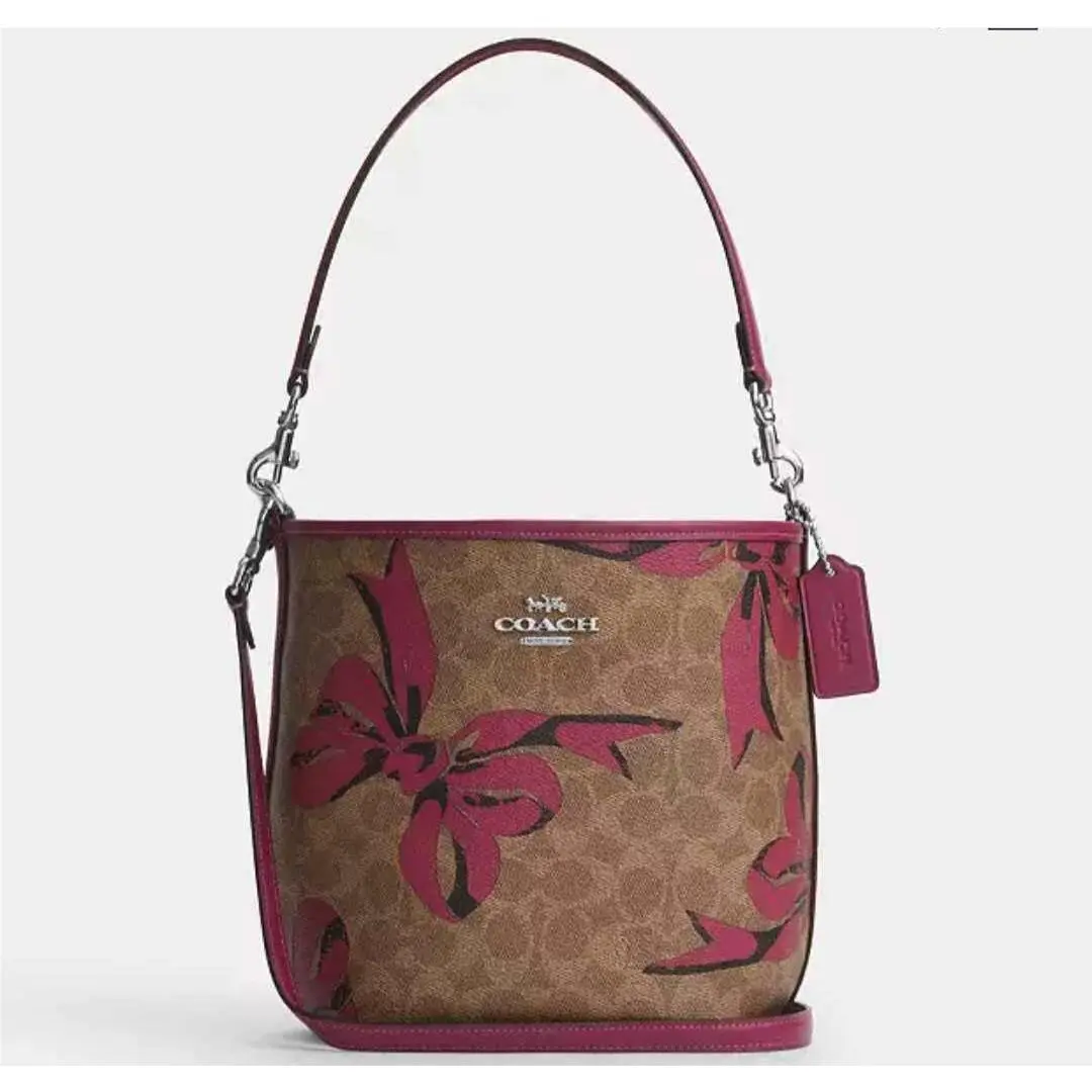 Coach City Bucket Bag In Signature Canvas with Bow Print Pink Tan