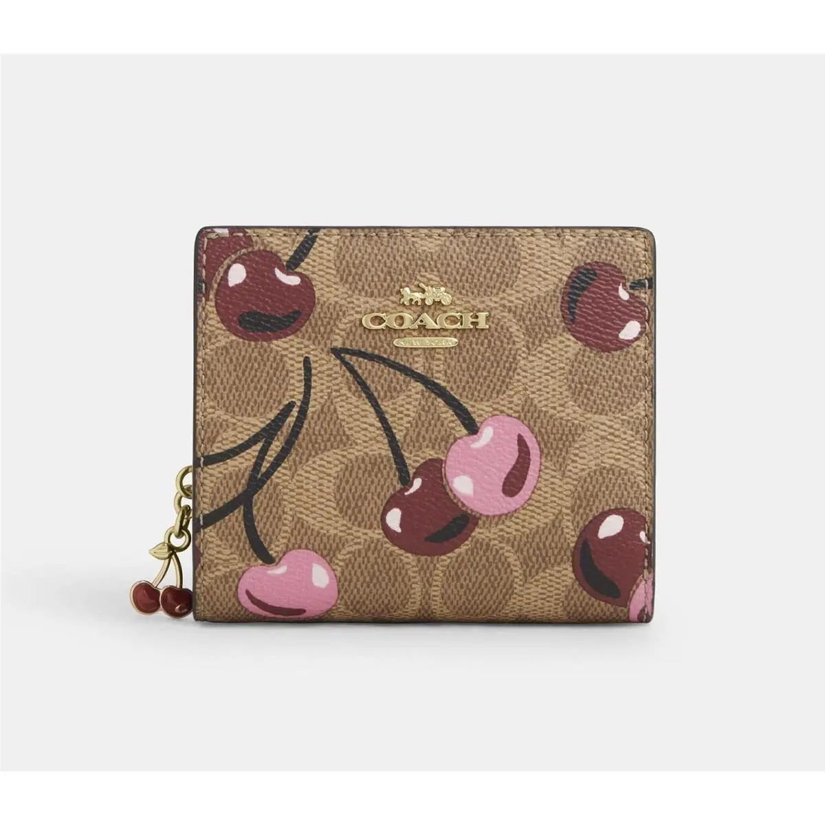 Coach Snap Wallet In Signature Canvas with Cherry Print In Gold/tan Multi CZ347