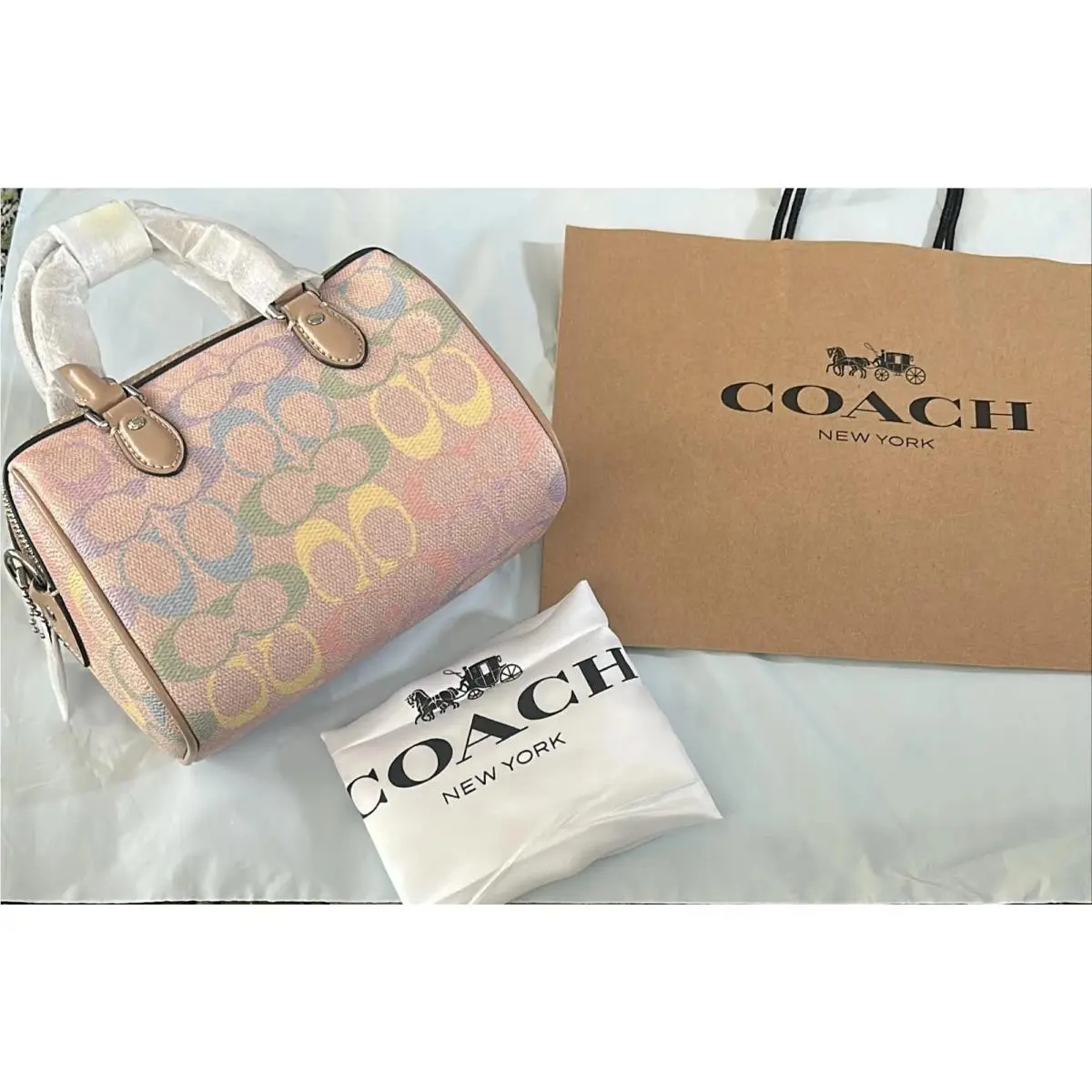 Rowan Satchel Bag In Rainbow Signature Canvas CDA90 Sand Multi -coach