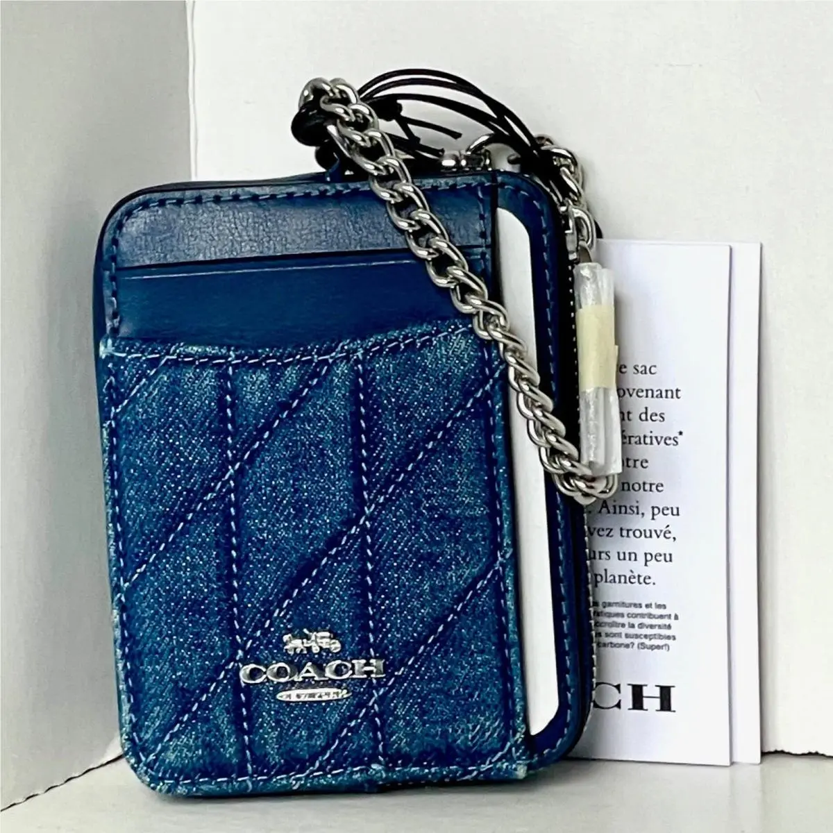 Coach CAR26 Quilted Zip Card Case Blue Denim Leather ID Wallet Chain Orgpkg