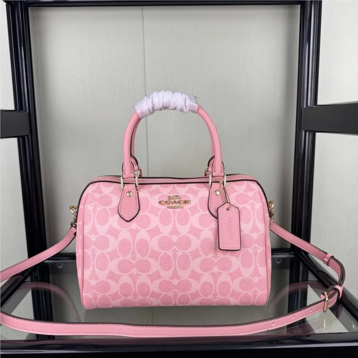 CV961 Rowan Satchel Bag Signature Canvas Pink Zip Closure 2WAY Rare by Coach