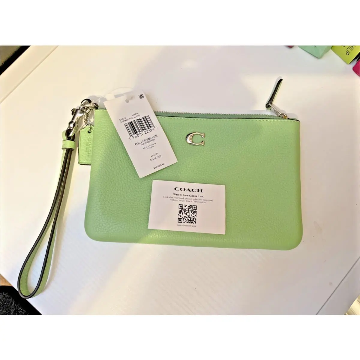 Wristlet Pale Pistachio Green Pebbled Leather Pouch Clutch Coin Purse by Coach
