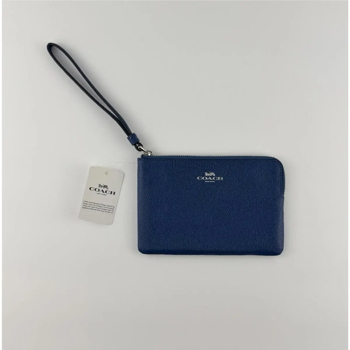 Coach Midnight Blue Leather Corner Zip Wristlet Wallet w/ Strap Logo