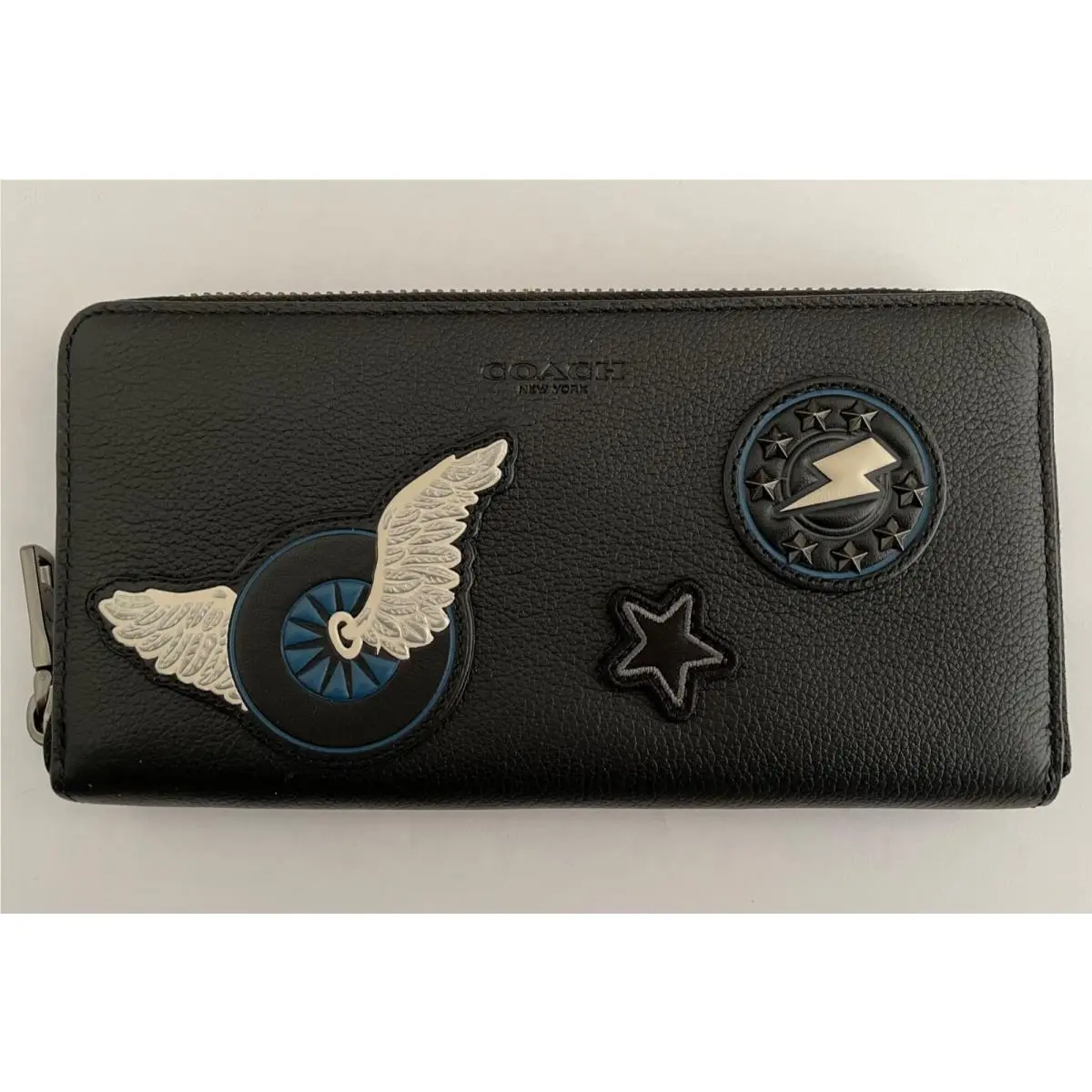 Coach Black Accordion Leather Varsity Patches Long Zip Around Wallet F86765