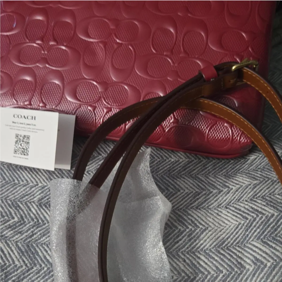 Women’s Red Logo Embossed Crossbody Wristlet Zip Gold Hardware Det Strap by Coach