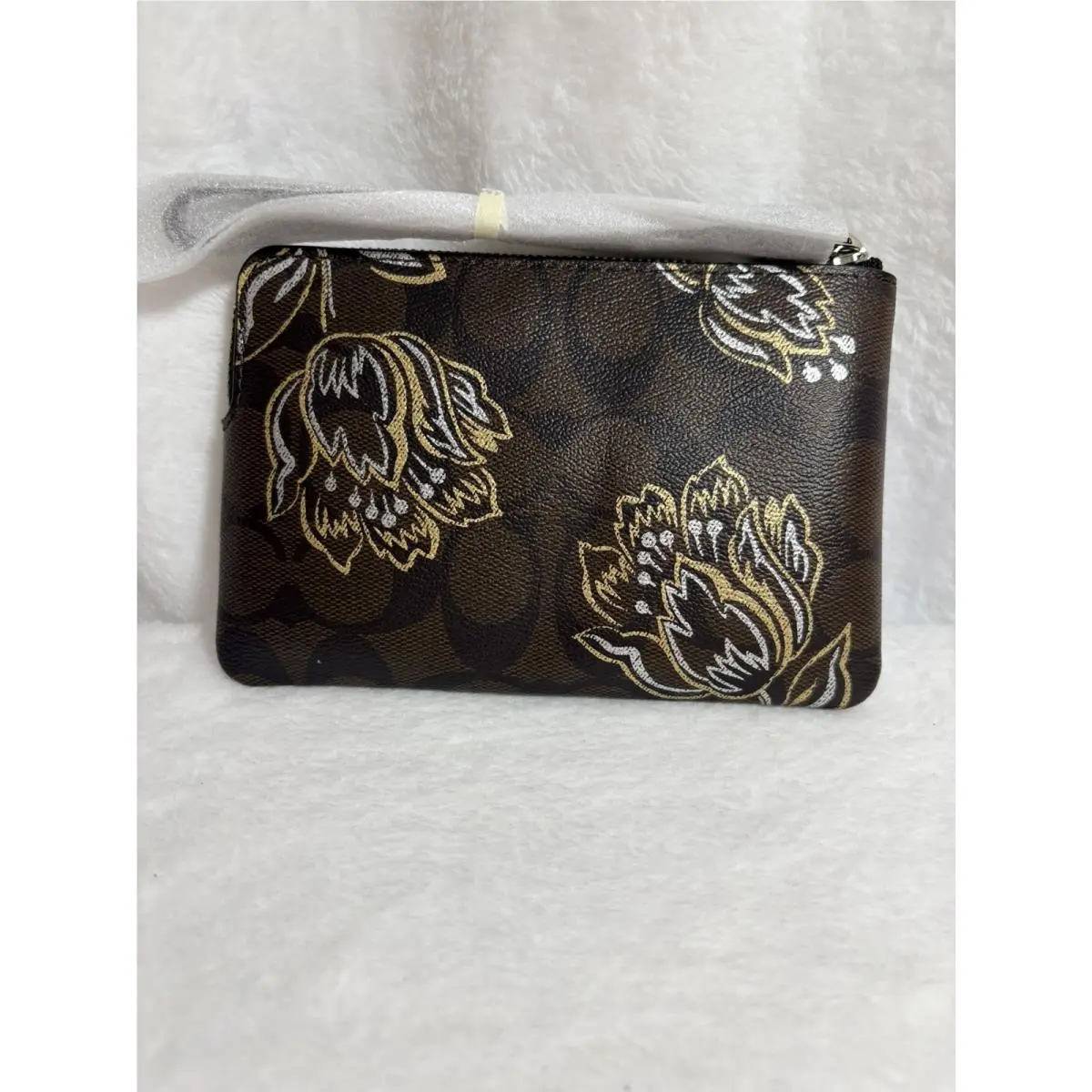 Coach Corner Zip Wristlet Brown Signature Logo Metallic Tulip Floral Print