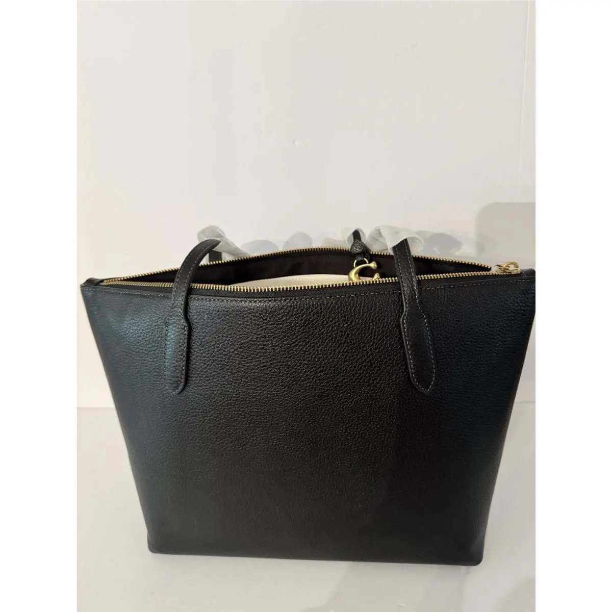 Coach Bella Pebble Leather Tote Bag Black Zip Top Closure