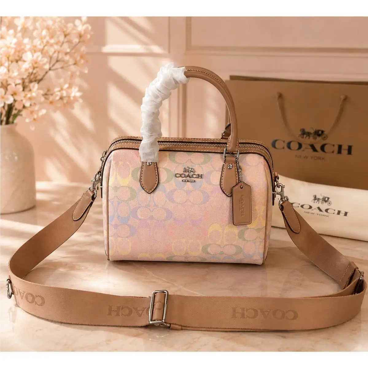 Coach Rowan Satchel Bag In Rainbow Signature Canvas CDA90 Sand Multi