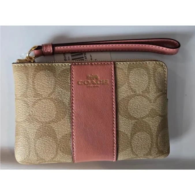Coach Signature Pvc Leather Corner Wristlet Light Khaki / Vintage Pink F58035