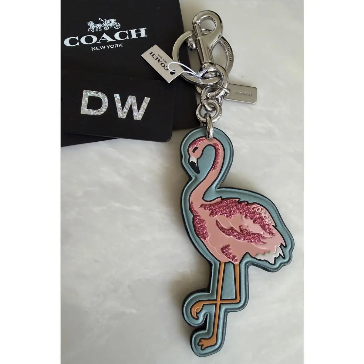 Blue/pink Flamingo Bag Charm Keyring Fob Glitter Silver 30279 by Coach