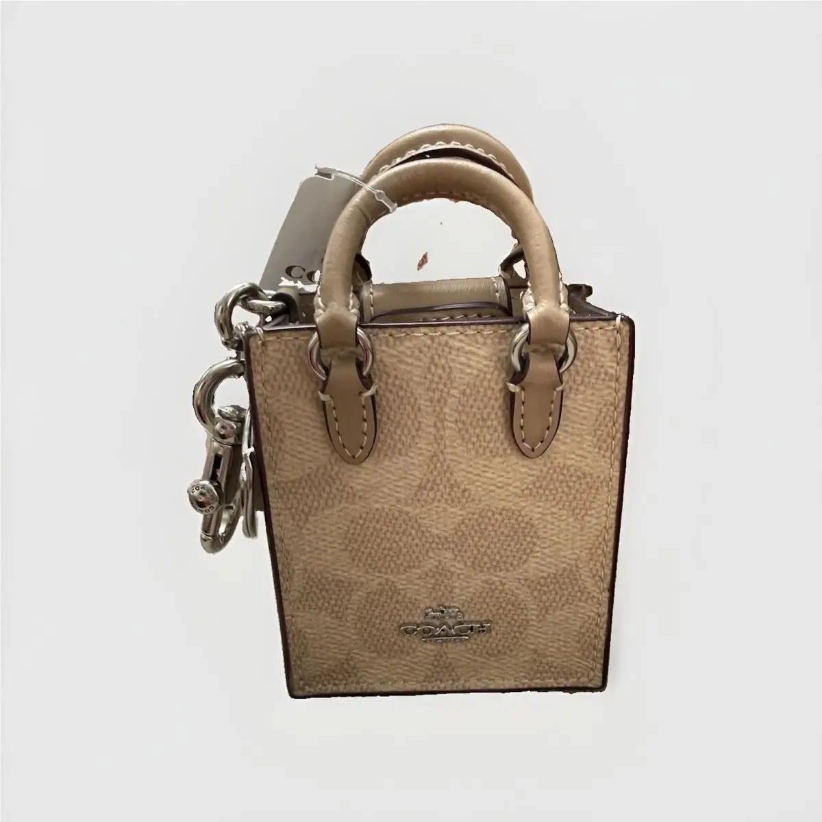 Mini Tote Bag Charm Keychain Signature Canvas Leather CX069 Taupe Sand by Coach