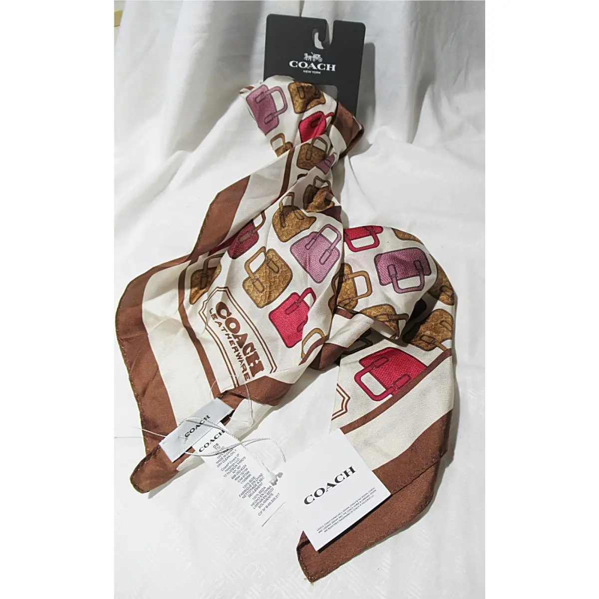 Coach Silk Square Scarf 35 X35 Trompe L Oeil Leather Bag Print