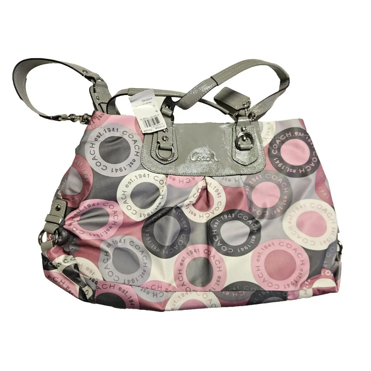 Coach Op Art Glam Tote Pink Gray Satin Shoulder Bag F15504