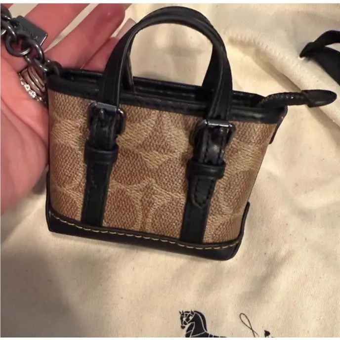 Mini Warner Tote Bag Charm Signature Canvas CBK64 Tan Black by Coach