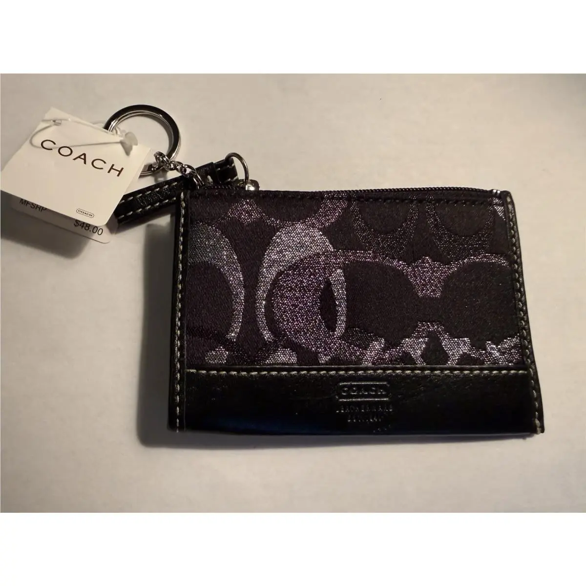 Mini Skinny ID Case Signature Black/silver Coin Purse Keycha by Coach