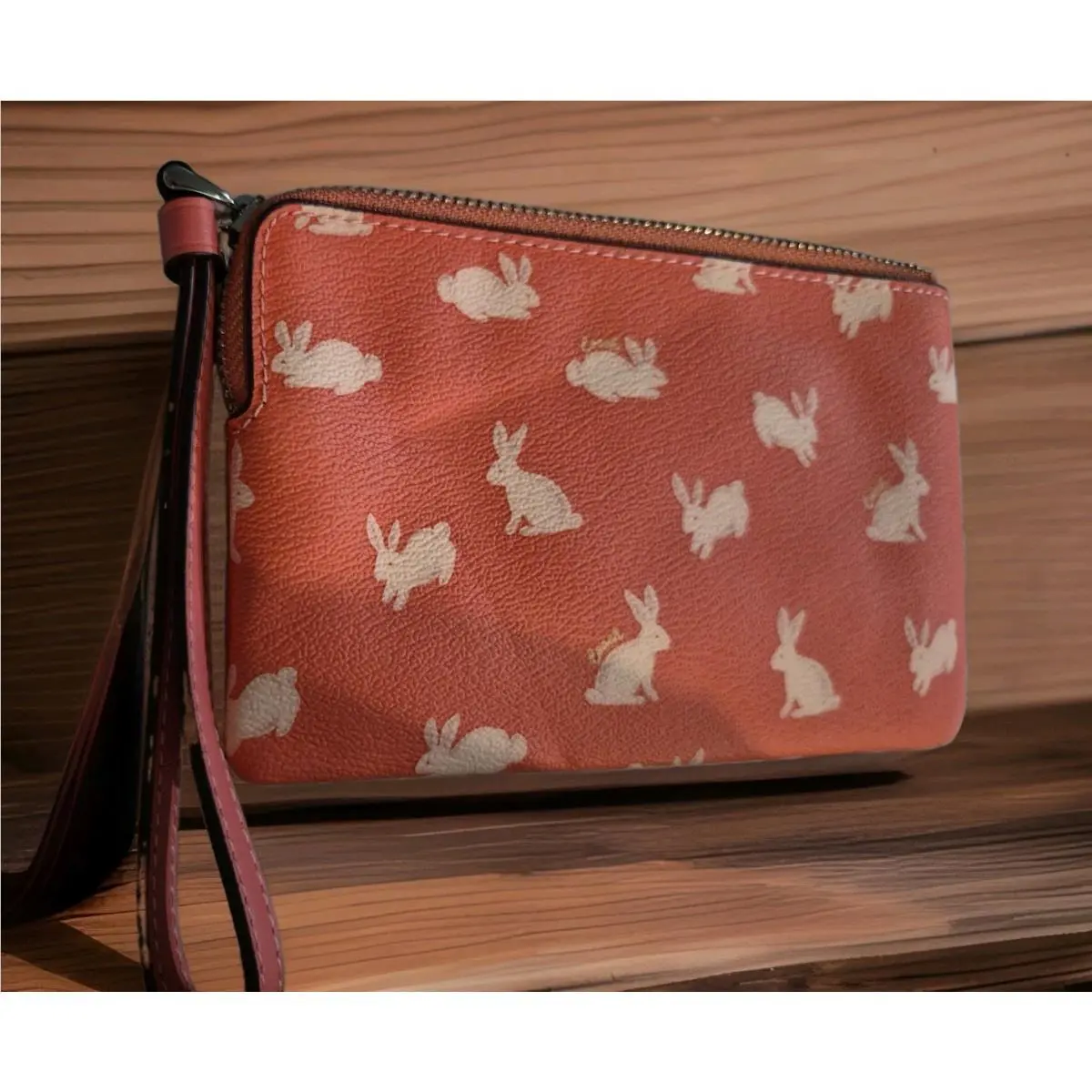 Corner Zip Wristlet with Bunny Script Print Bright Coral Silver 93053 by Coach