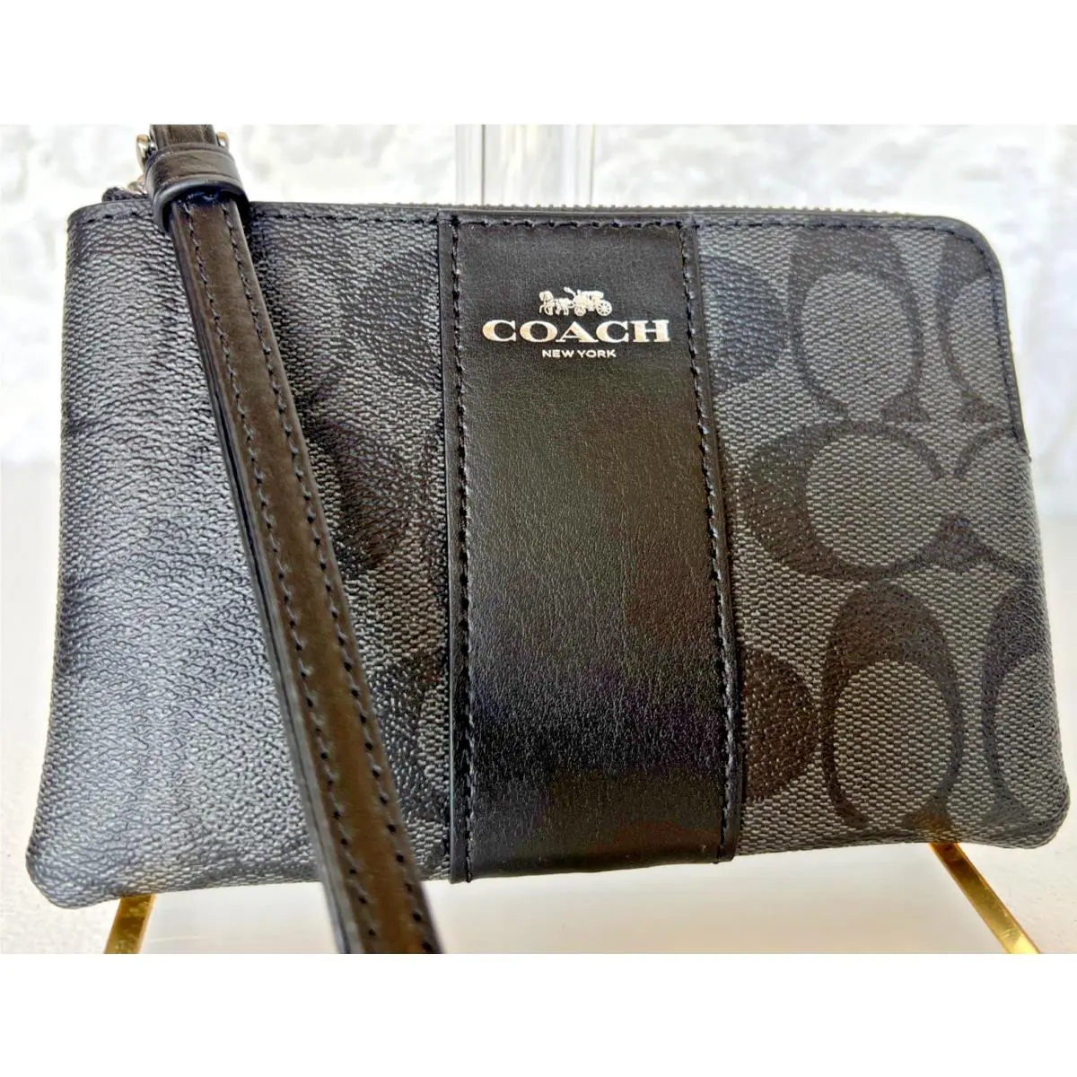 Coach Black Graphite Signature C Pattern Corner Zip Wristlet Medium