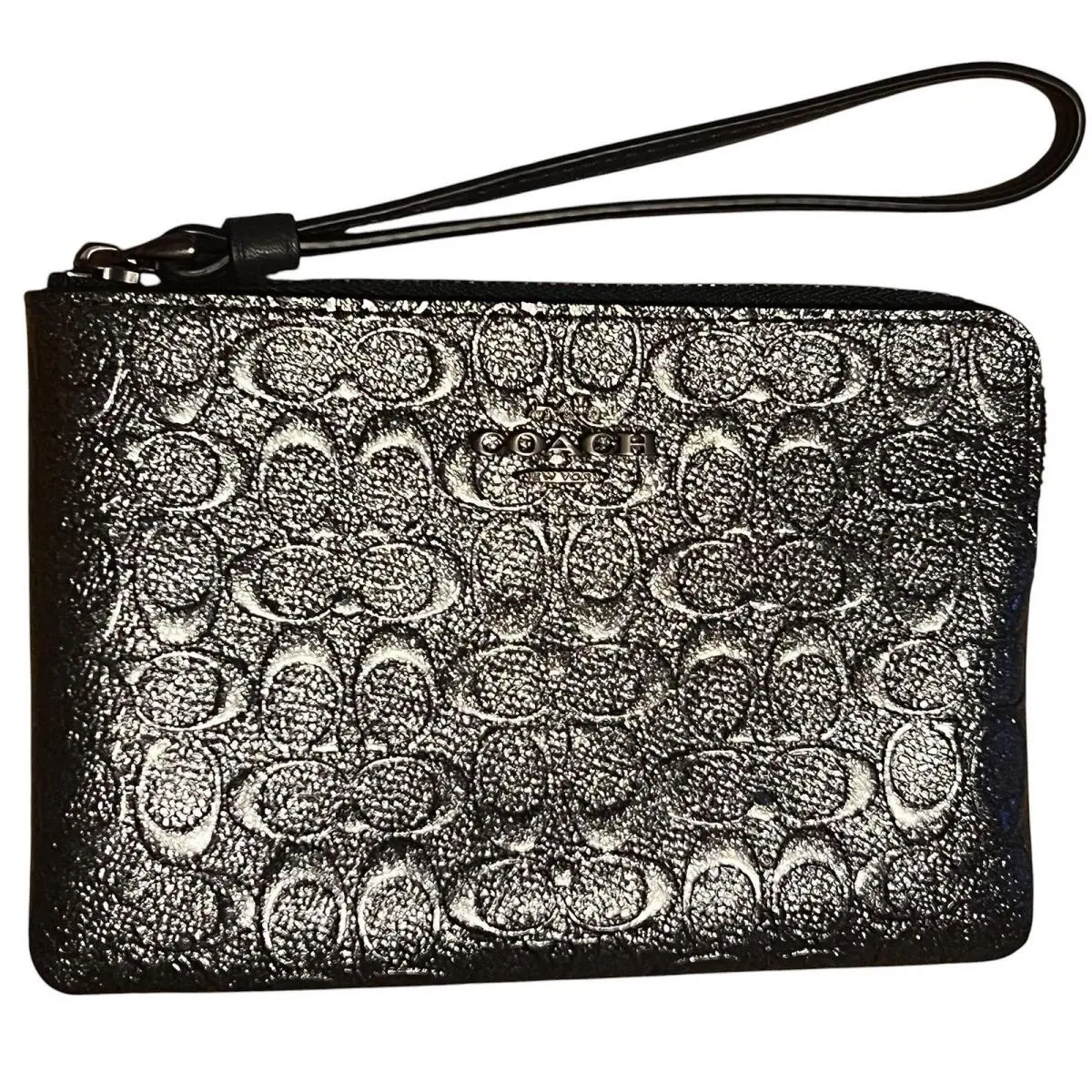 Coach Signature Patent Leather Corner Zip Wristlet Charcoal Glitter F39168