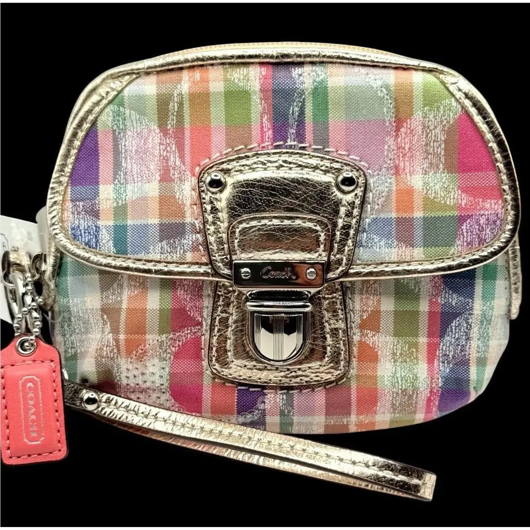 Coach Poppy Madras Plaid Push Lock Wristlet 47587 Metallic Gold Y2K Vintage