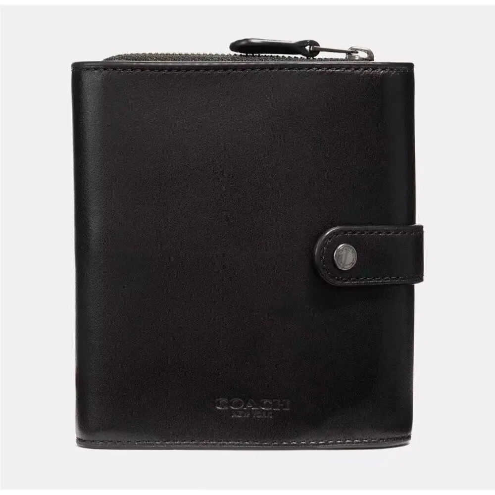 Coach Black Leather Trifold Compact Wallet 33072 Rfid Blocking Zip Coin Pocket