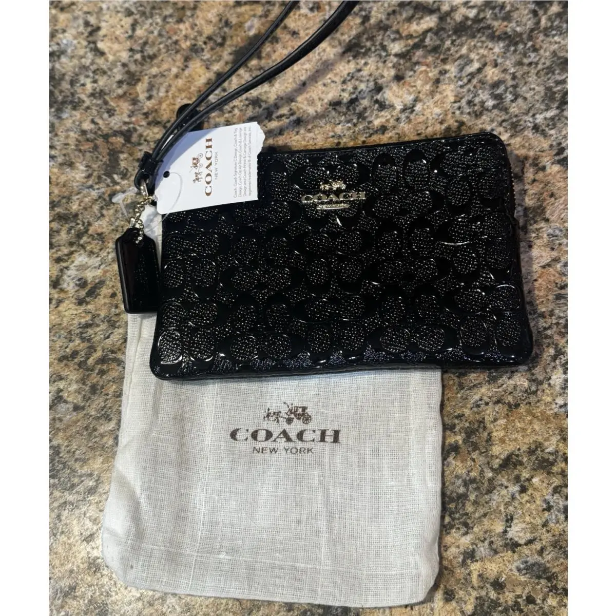 Coach Signature Black Debossed Patent Leather Corner Zip Wristlet Dust Bag