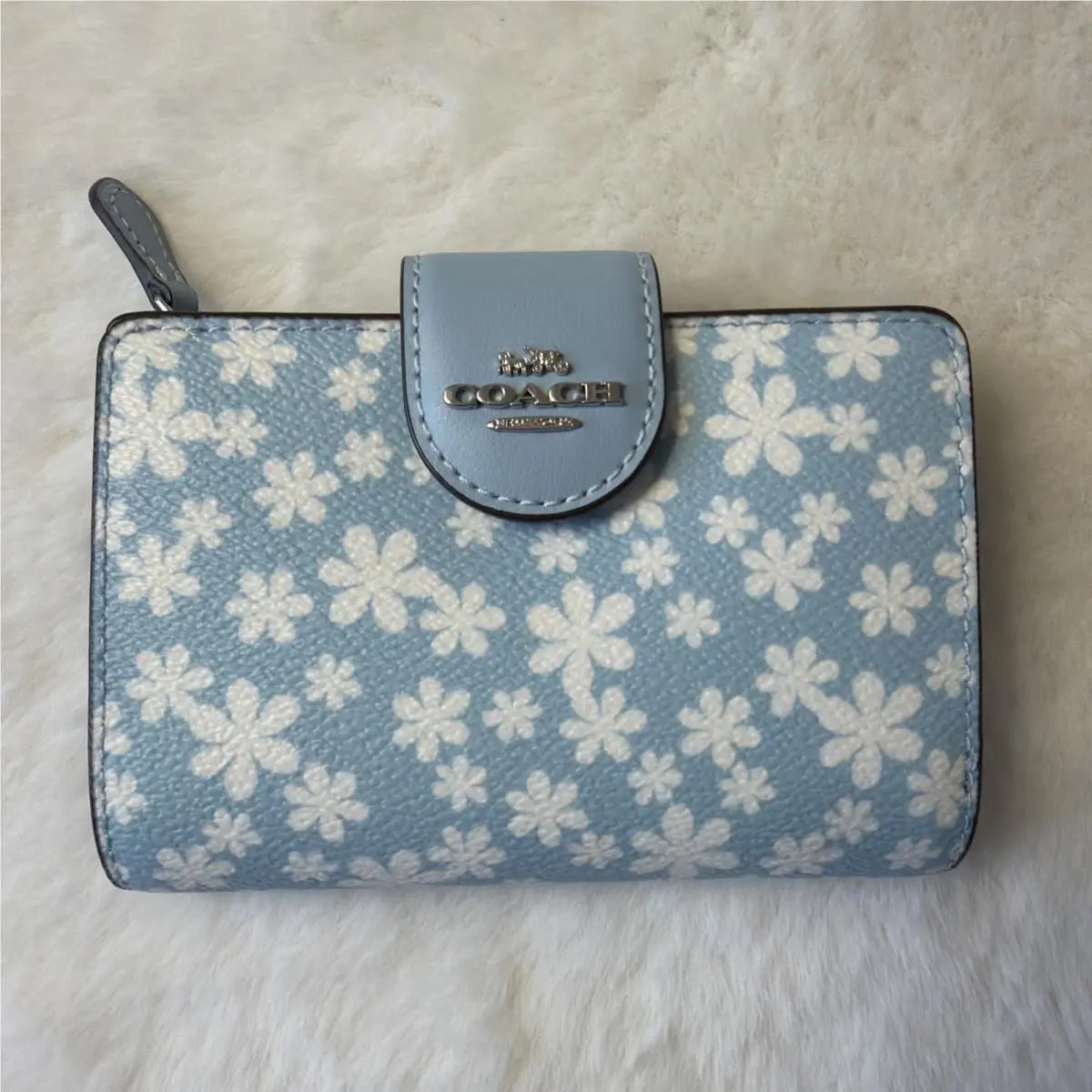 Coach Medium Corner Zip Wallet with Floral Print Silver/blue